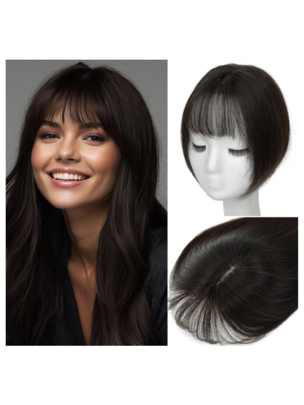 Brunette Human Hair Topper with Bangs Bionic Base, Clip In - 12" Dark Brown